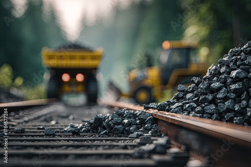 Railroad tracks covered in dark gravel, with a yellow dump truck and tractor in the background