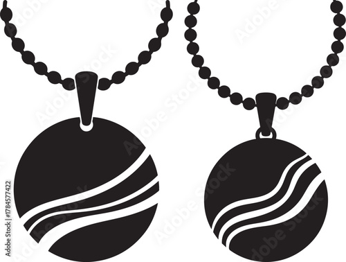 Two round pendants with wavy lines on ball chain necklaces silhouette