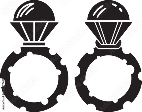 Two stylized steampunk earrings with gears and globes silhouette