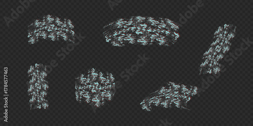 Glitch distressed brush strokes set. Digital noise and distortion effect texture on transparent background. Creative abstract cyberpunk design.
