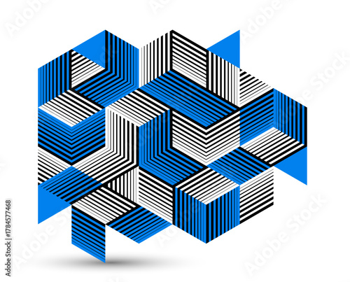 Abstract vector wallpaper with 3D isometric cubes blocks, geometric construction with blocks shapes and forms, op art low poly theme.