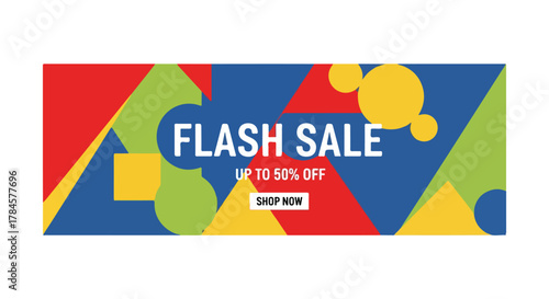 Colorful Flash Sale Banner with Geometric Shapes and 50% Off Discount
