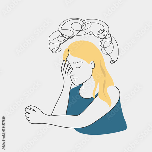 Woman with closed eyes and hand on face, overwhelmed by tangled threads of anxiety. Flat vector illustration about psychology, stress, and mental wellbeing.