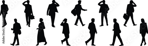 Silhouette business people walking, professional gestures and poses, black vector icons, office attire, cad drawing flat vector illustration