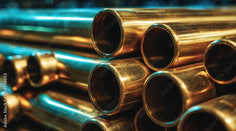 Naklejka premium Stacked brass pipes, close-up
