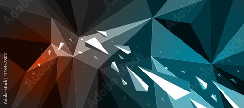 Dark black polygonal abstract background with color hot spotlights, 3D triangular surface and flying debris particles in motion, explosion force abstraction.