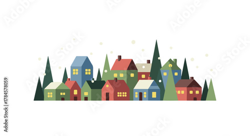 Quaint Winter Village Illustration with Colorful Houses, Snowy Trees, and Falling Snowflakes in a Cozy Flat Design Style