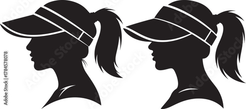 Two female profiles wearing visors and ponytails silhouette