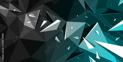 Mess and order concept, vector abstract background with low poly surface and dynamic particles in motion, chaos decay explosion with flying debris.