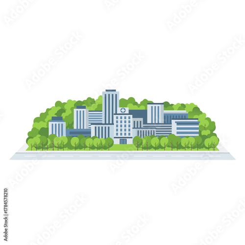 Modern Medical Clinic Building with Glass Doors and Minimalist Roof Surrounded by Lush Green Trees under a Clear Sky