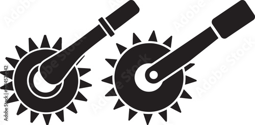 Two bicycle cranksets with jagged chainrings silhouette