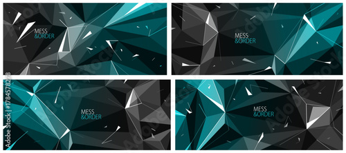 Mess and order concept set, vector abstract background with low poly surface and dynamic particles in motion, chaos decay explosion with flying debris.