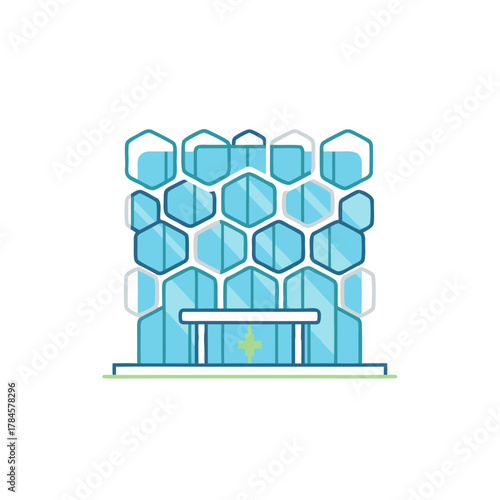 Modern Stylized Hospital Building With Hexagonal Facade And Central Atrium In Soft Blue And White Tones With Green Accent