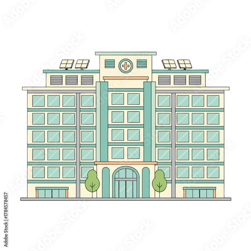 Pediatric Hospital Building Vector Illustration Simplified Cartoon Aesthetic Neutral Pastel Palette with Green Trees and Solar Panels on Roof