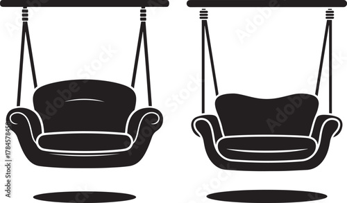 Two upholstered armchair swings hanging from a bar silhouette