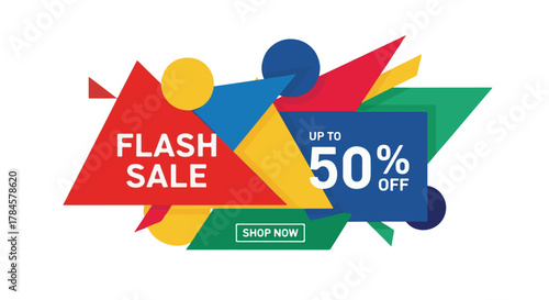 Vibrant abstract geometric banner for a special time-limited online shopping discount event with dynamic colorful shapes