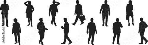 Silhouette business people walking, professional posture icons, black vector art, office attire gestures, cad drawing flat vector illustration