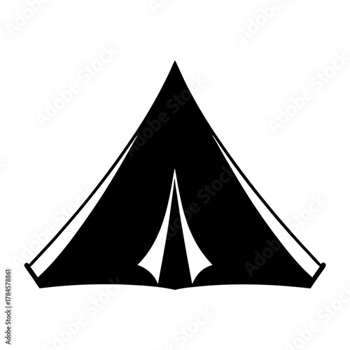 Simple black and white graphic illustration of a camping tent, outdoor activity