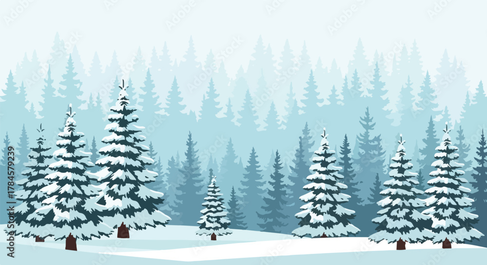 Fototapeta premium A beautiful winter forest landscape with snow-covered fir trees on a cold, misty day, a vector background illustration