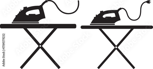 Two household irons resting on collapsible ironing boards silhouette