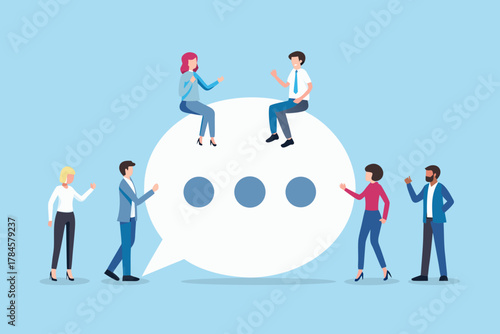 Diverse group of people communicating and sharing ideas within a large speech bubble