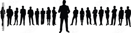 Silhouette business team standing, leadership and hierarchy concept, black vector icons, corporate posture set, cad drawing flat vector illustration