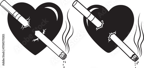Two black heart silhouettes pierced by cigarettes silhouette