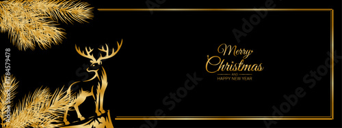 forest with silver needles of pine branches and a silver deer in the snow on a black background with silver frame, long.ai