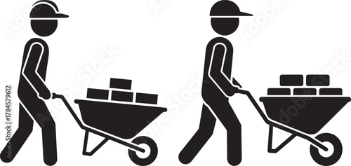 Two workers pushing wheelbarrows filled with bricks silhouette
