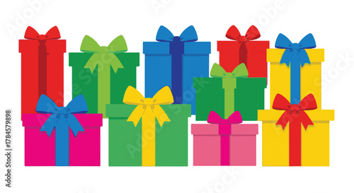 An abundance of brightly colored presents, beautifully wrapped with elegant bows, signifying joy, generosity, and the spirit of giving during festive celebrations