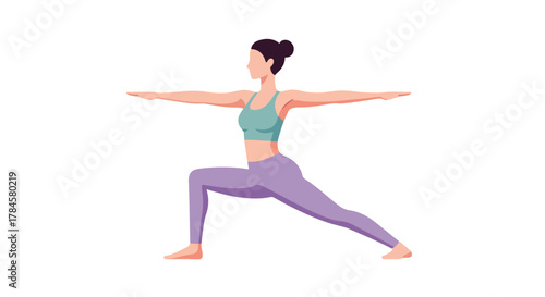 Vibrant vector graphic illustration of a woman gracefully performing the Warrior II yoga pose, symbolizing strength, balance, and wellness in fitness practice