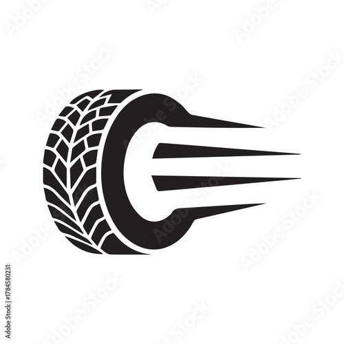 Fast moving tire icon with speed effect. Automotive, car racing, and tire shop logo concept. Black wheel silhouette vector illustration isolated on white background.
