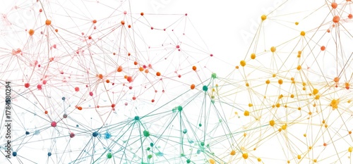Abstract network graphic.  Colorful interconnected nodes and lines form a complex web