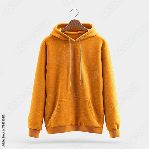 Mustard yellow hoodie, on wooden hanger, isolated