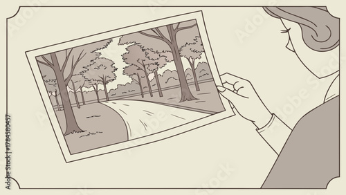 Woman reminiscing treasured memories holding photo of scenic tree-lined road, nostalgic reflection, peaceful moment, keepsake, timeless memories preserved