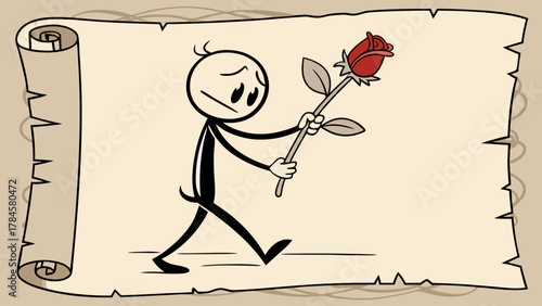 Heartbroken stick figure sadly carries a red rose across a vintage scroll, expressing love, loss, and unrequited affection in a simple, poignant way