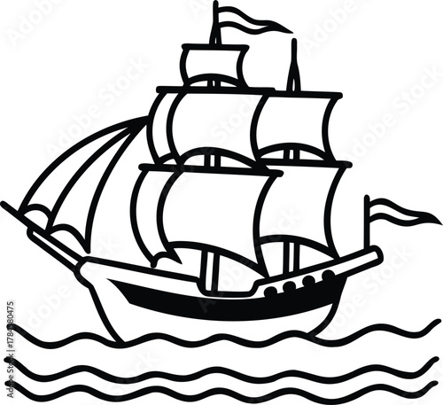 A detailed pirate ship (galleon) silhouette sailing across a simple ocean wave..