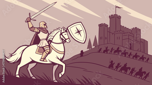 Brave knight riding to defend majestic castle with loyal army, a medieval fantasy scene invoking courage, honor, and the classic battle between good and evil