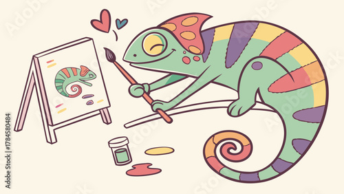 Whimsical chameleon artist painting its portrait with love, a fun and colorful design perfect for children's books, playful brands, and heartwarming creative projects