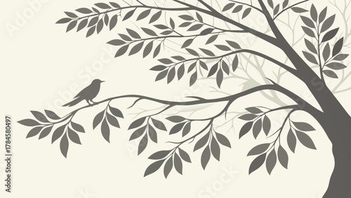Peaceful nature scene with bird perched on tree branch, creating a serene and calming atmosphere ideal for relaxation and mindfulness designs