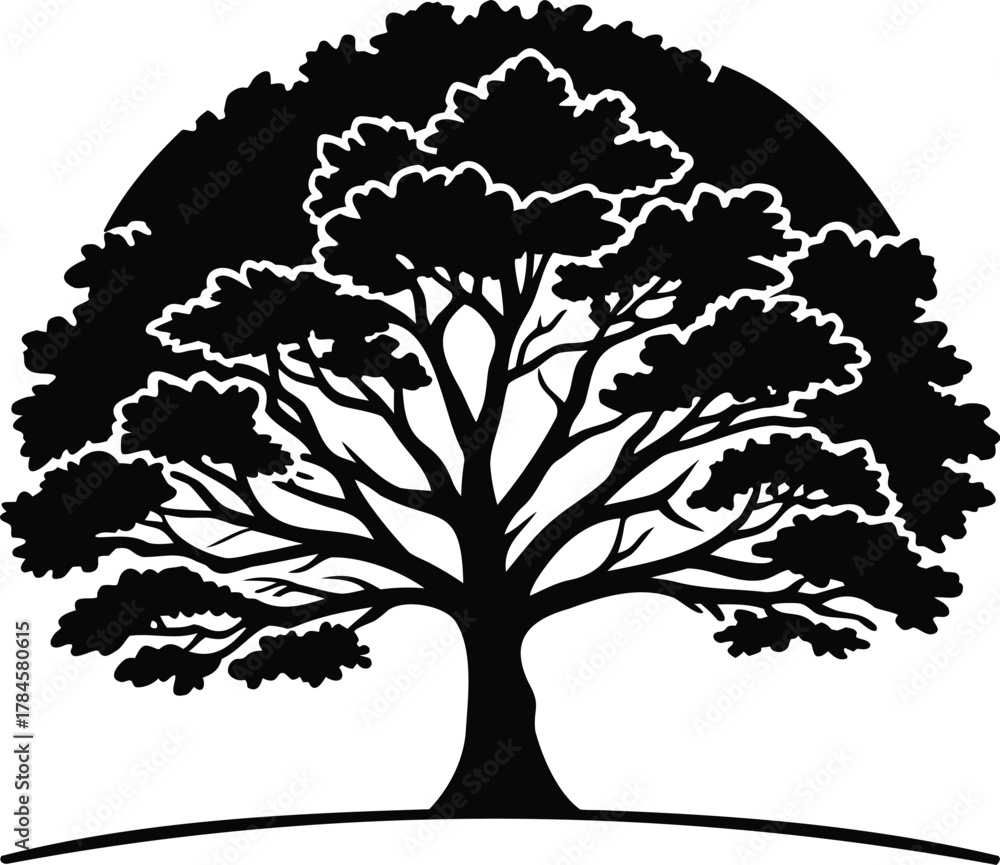Fototapeta premium A majestic oak tree silhouette at sunset, with a subtle texture of wood grain for coloring.