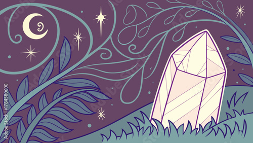 Dreamy crystal garden illustration with a celestial touch, perfect for mystical themed designs or whimsical creative projects, originally a vector graphic