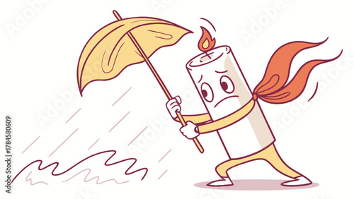 Sad candle character braving the storm with an umbrella, great for illustrating resilience, humor, or weather concepts in a unique and engaging way