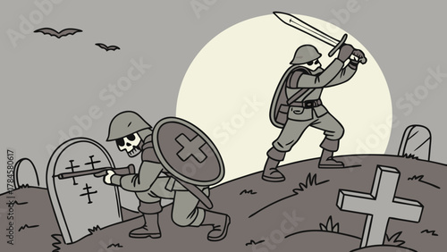 Skeleton soldiers in a graveyard battle scene, perfect for Halloween designs or gaming graphics, ready for your creative projects and story telling needs