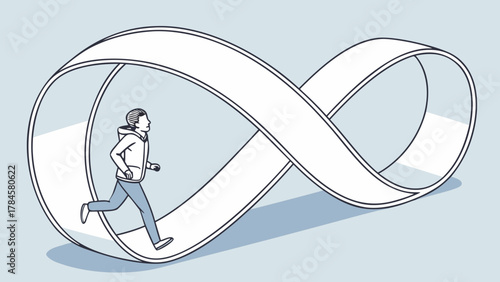 Dynamic athlete running inside infinity loop, symbolising endless effort and continuous progress, ideal for motivation, innovation or boundless opportunities
