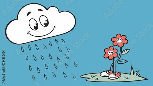 Cheerful cartoon rain cloud showering happy flowers with love and growth, a whimsical springtime design, ideal for children's content, originally a scalable graphic