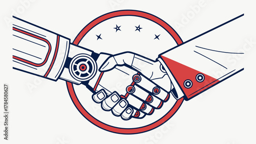 Futuristic handshake between robot and human conveys partnership, innovation, and progress in technology, business, and the future of collaboration