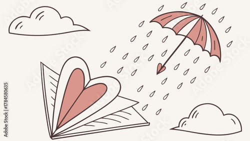 Charming rainy day scene with open heart book, umbrella, and clouds evokes cozy feelings, perfect for book lovers and weather-themed projects