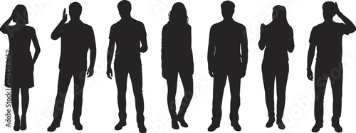 Silhouette casual people standing, varied postures and fashion styles, black vector icons, gesture study set, cad drawing flat vector illustration