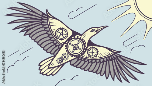 Soaring mechanical bird with gears, a symbol of freedom and innovation, ideal for technology, engineering, and creative design projects, originally vector art